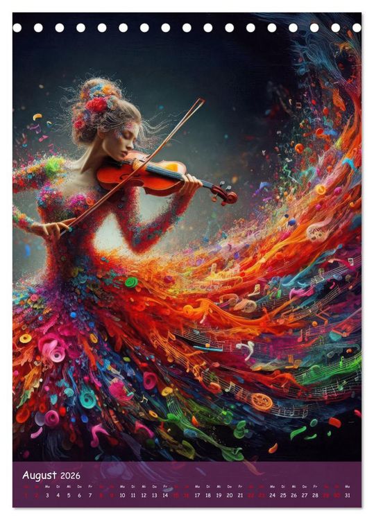 Produktbild: Musikalische Magie &ndash; Frauen in klangvollen Kleidern aus Noten und Farbe (Tischkalender 2026 DIN A5 hoch), CALVENDO Monatskalender