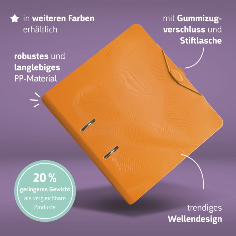 Produktbild: Brunnen Ordner &bdquo;WAVE&ldquo; &brvbar; A4, 50 mm, Hebelmechanik mit gummiertem Griff, orange