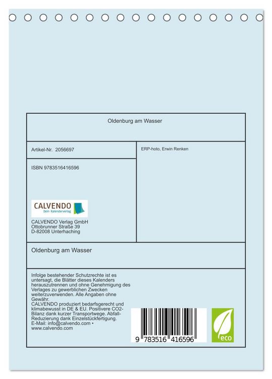 Produktbild: Oldenburg am Wasser (Tischkalender 2026 DIN A5 hoch), CALVENDO Monatskalender