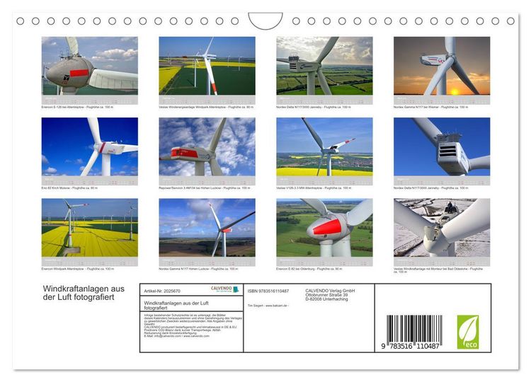 Produktbild: Windkraftanlagen aus der Luft fotografiert (Wandkalender 2026 DIN A4 quer), CALVENDO Monatskalender
