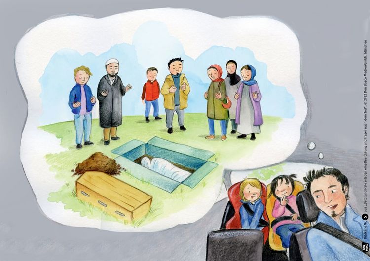 Produktbild: Bet&uuml;l und Nele erleben eine Beerdigung und fragen nach dem Tod. Kamishibai Bildkartenset