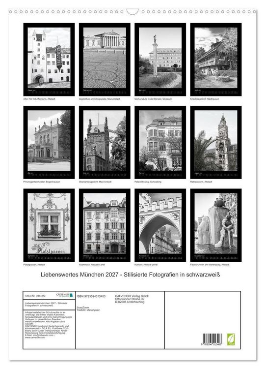 Produktbild: Liebenswertes M&uuml;nchen 2027 - Stilisierte Fotografien in schwarzwei&szlig; (Wandkalender 2027 DIN A2 hoch), CALVENDO Monatskalender