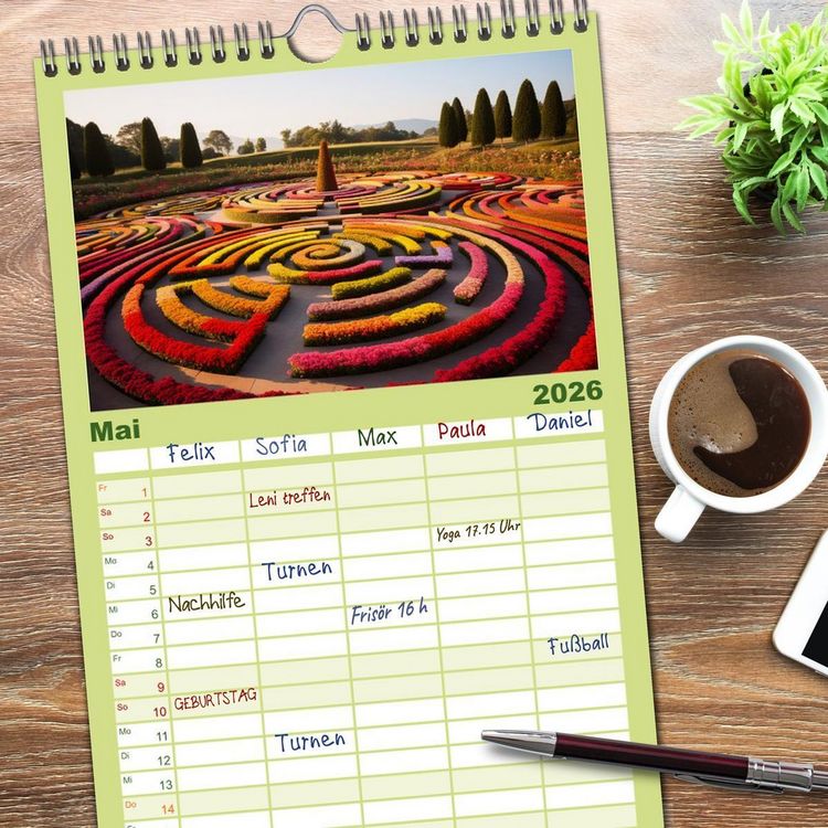 Produktbild: Familienplaner 2026 - Irrg&auml;rten und Labyrinthe mit 5 Spalten (Wandkalender, 21 x 45 cm) CALVENDO