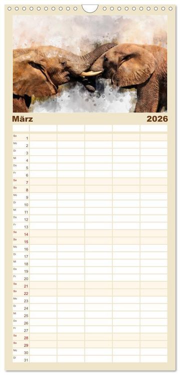 Produktbild: Familienplaner 2026 - Elefanten - k&uuml;nstlerische Impressionen der gr&ouml;&szlig;ten noch lebenden Landtiere mit 5 Spalten (Wandkalender, 21 x 45 cm) CALVENDO