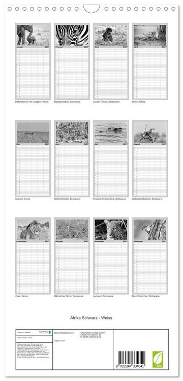 Produktbild: Familienplaner 2027 - Afrika Schwarz - Weiss mit 5 Spalten (Wandkalender, 21 x 45 cm) CALVENDO