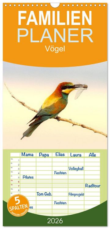 Produktbild: Familienplaner 2026 - V&ouml;gel mit 5 Spalten (Wandkalender, 21 x 45 cm) CALVENDO