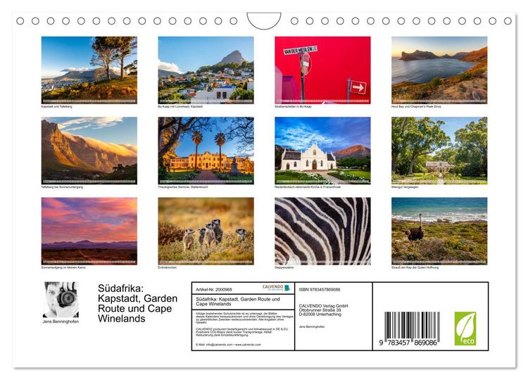 Produktbild: S&uuml;dafrika: Kapstadt, Garden Route und Cape Winelands (Wandkalender 2026 DIN A4 quer), CALVENDO Monatskalender