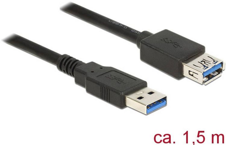 Produktbild: Delock USB-Kabel USB 3.2 Gen1 USB-A Stecker, USB-A Buchse 1.50 m Schwarz vergoldete Steckkontakte 85055
