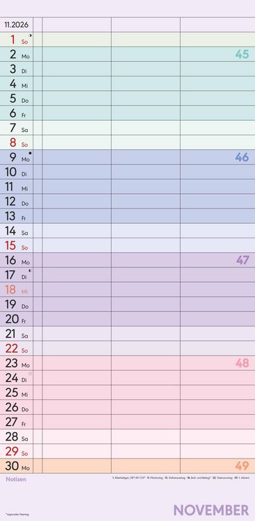 Produktbild: Superplaner Farbenfroh 2026 - Familien-Timer 22x45 cm - mit Ferienterminen - 3 Spalten - Wand-Planer - mit vielen Zusatzinformationen - Alpha Edition