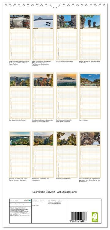 Produktbild: Familienplaner 2026 - S&auml;chsische Schweiz / Geburtstagsplaner mit 5 Spalten (Wandkalender, 21 x 45 cm) CALVENDO