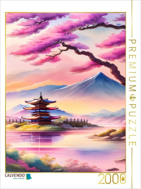 Produktbild: CALVENDO Puzzle Japanische Landschaft, im Vordergrund bl&uuml;hende Mandelb&auml;ume. Erstellt mit KI | 2000 Teile Lege-Gr&ouml;&szlig;e 90x67cm Foto-Puzzle f&uuml;r gl&uuml;ckliche