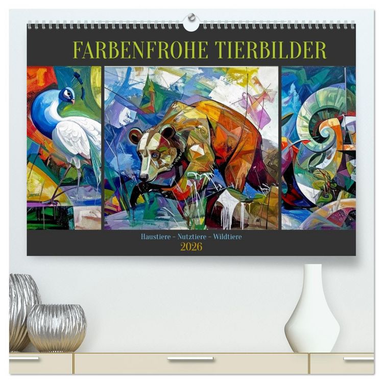 Produktbild: Farbenfrohe Tierbilder (hochwertiger Premium Wandkalender 2026 DIN A2 quer), Kunstdruck in Hochglanz