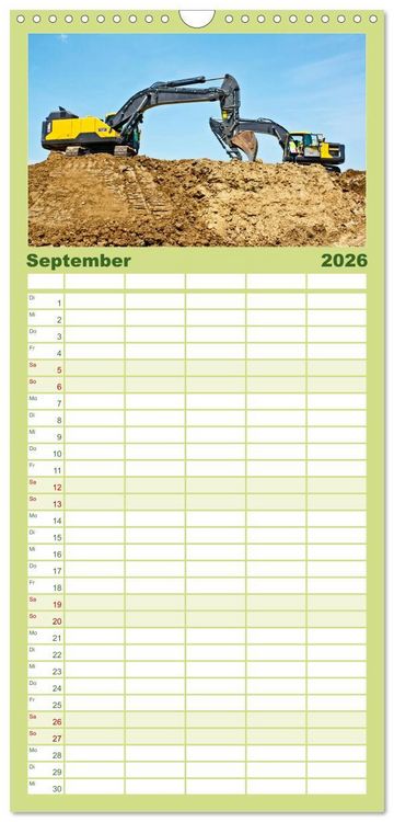 Produktbild: Familienplaner 2026 - Bagger - kraftvolle Arbeitsmaschinen mit 5 Spalten (Wandkalender, 21 x 45 cm) CALVENDO