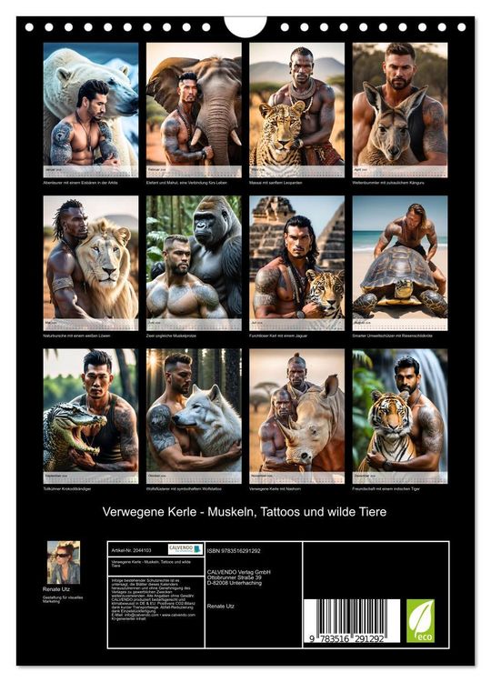 Produktbild: Verwegene Kerle - Muskeln, Tattoos und wilde Tiere (Wandkalender 2026 DIN A4 hoch), CALVENDO Monatskalender