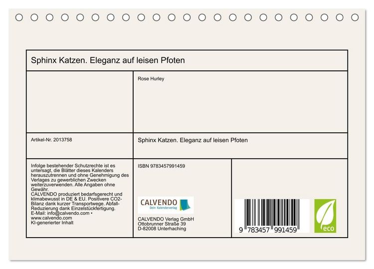 Produktbild: Sphinx Katzen. Eleganz auf leisen Pfoten (Tischkalender 2026 DIN A5 quer), CALVENDO Monatskalender