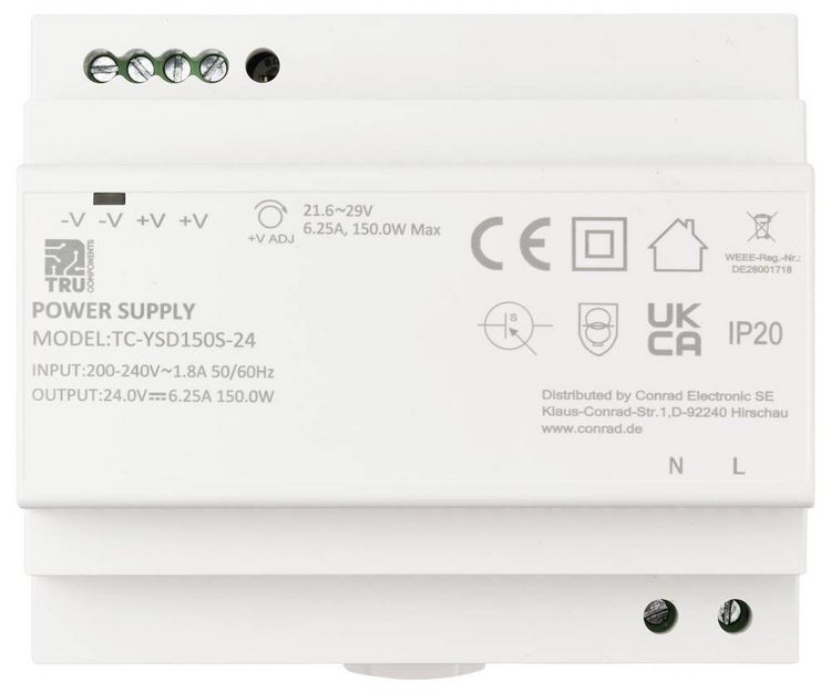 Produktbild: TRU COMPONENTS TC-13710896 Hutschienen-Netzteil (DIN-Rail) Verbrauch (StandBy) 0.3 W 24 V/DC 6.25 A 150 W Anzahl Ausg&auml;nge:1 x Inhalt 1 St.