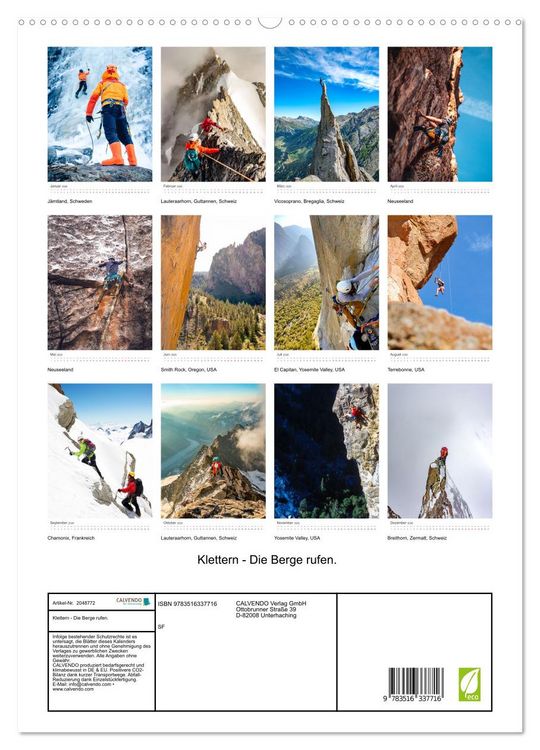 Produktbild: Klettern - Die Berge rufen. (hochwertiger Premium Wandkalender 2026 DIN A2 hoch), Kunstdruck in Hochglanz