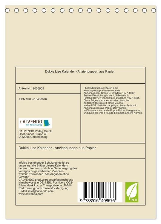 Produktbild: Dukke Lise Kalender - Anziehpuppen aus Papier (Tischkalender 2026 DIN A5 hoch), CALVENDO Monatskalender