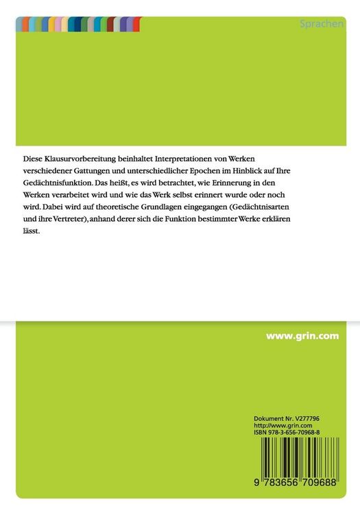 Produktbild: Klausurvorbereitung. Ged&auml;chtnisfunktion der Literatur