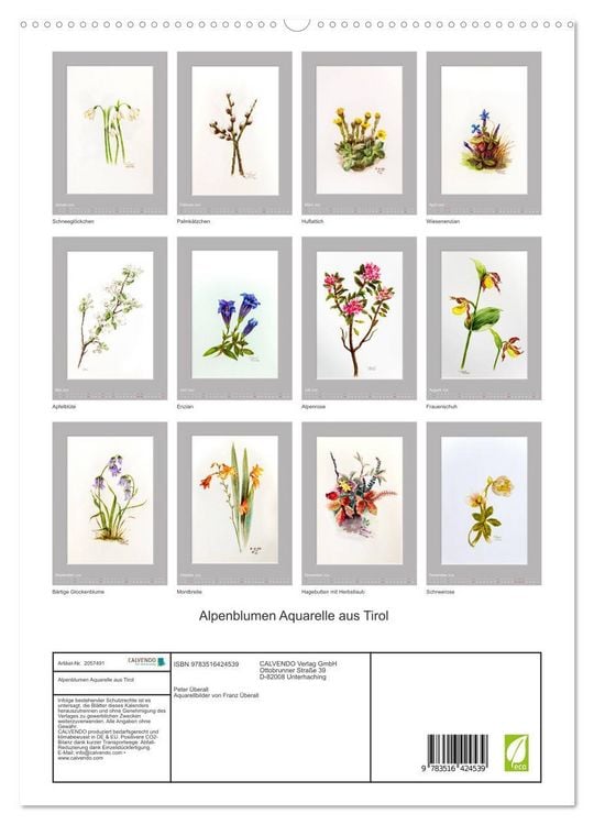 Produktbild: Alpenblumen Aquarelle aus Tirol (hochwertiger Premium Wandkalender 2026 DIN A2 hoch), Kunstdruck in Hochglanz