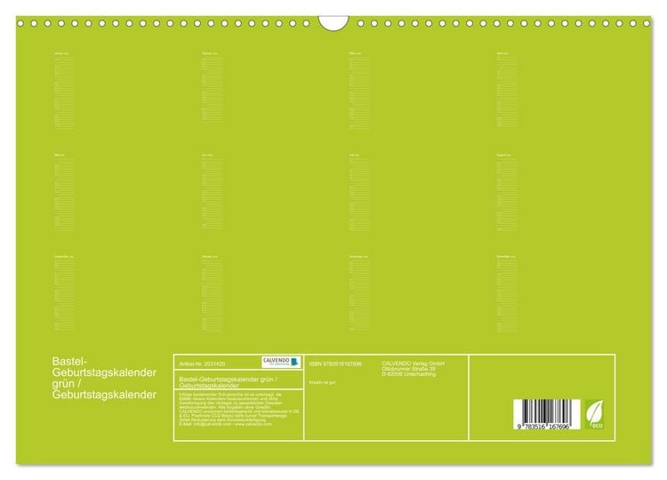 Produktbild: Bastel-Geburtstagskalender gr&uuml;n / Geburtstagskalender (Wandkalender 2026 DIN A3 quer), CALVENDO Monatskalender