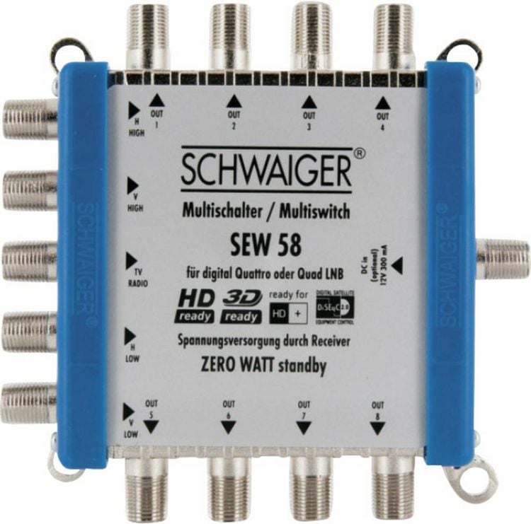 Produktbild: Schwaiger SEW58 531 SAT Multischalter Eing&auml;nge (Multischalter): 5 (4 SAT/1 terrestrisch) Teilnehmer-Anzahl: 8 StandBy-Funktion