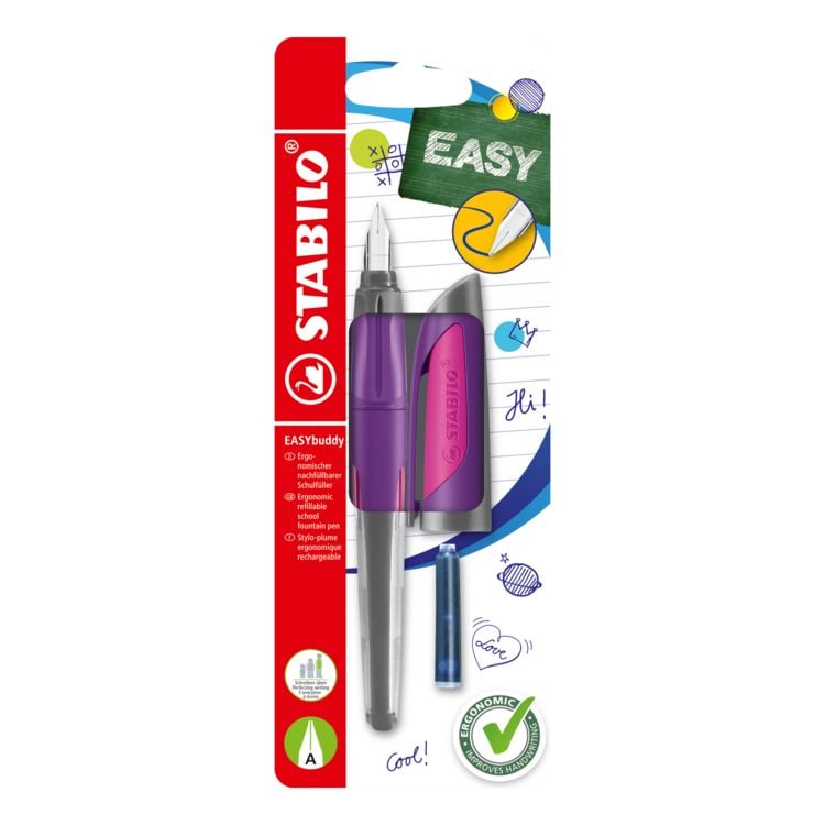Produktbild: STABILO Schulf&uuml;ller mit Anf&auml;nger-Feder A -   EASYbuddy in lila/magenta - Schreibfarbe blau (l&ouml;schbar) - Einzelstift - inklusive Patrone