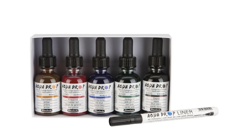 Produktbild: Schmincke AQUA DROP Aquarellfarbe, Kartonset lasierende Farbt&ouml;ne, 5 x 30 ml Flaschen + LINER mit Pinselspitze