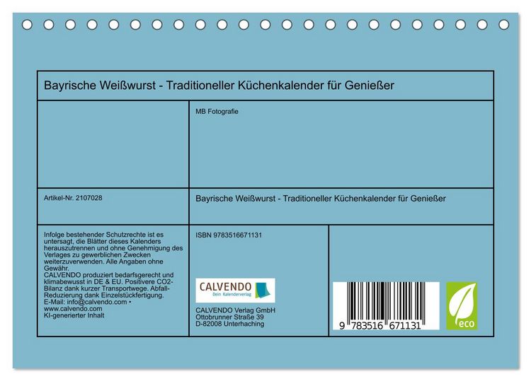 Produktbild: Bayrische Wei&szlig;wurst - Traditioneller K&uuml;chenkalender f&uuml;r Genie&szlig;er (Tischkalender 2026 DIN A5 quer), CALVENDO Monatskalender
