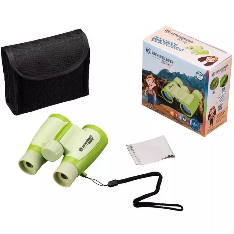Produktbild: Bresser Junior 8880330 - Kinderfernglas 3x30, 3-fache Vergr&ouml;&szlig;erung, 30mm Objektiv, mit Tasche, Tragriemen und Reinigungstuch, gr&uuml;n, STEM