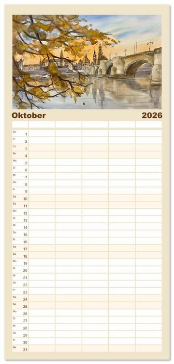 Produktbild: Familienplaner 2026 - Dresden und das Elbtal - Ein Aquarellkalender von Claudia Pinkau mit 5 Spalten (Wandkalender, 21 x 45 cm) CALVENDO
