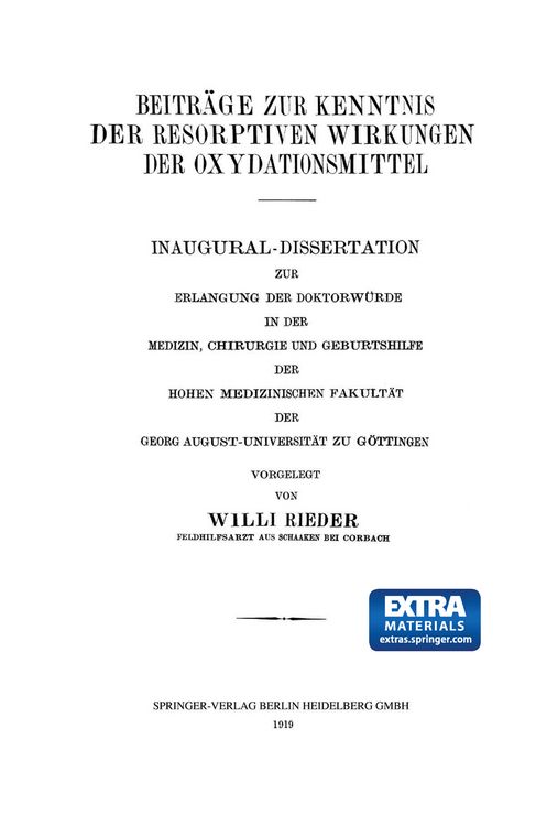 Produktbild: Beitr&auml;ge zur Kenntnis der Resorptiven Wirkungen der Oxydationsmittel