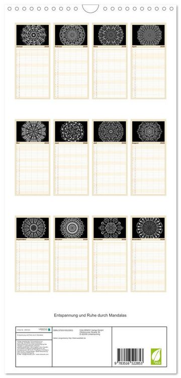 Produktbild: Familienplaner 2026 - Entspannung und Ruhe durch Mandalas mit 5 Spalten (Wandkalender, 21 x 45 cm) CALVENDO