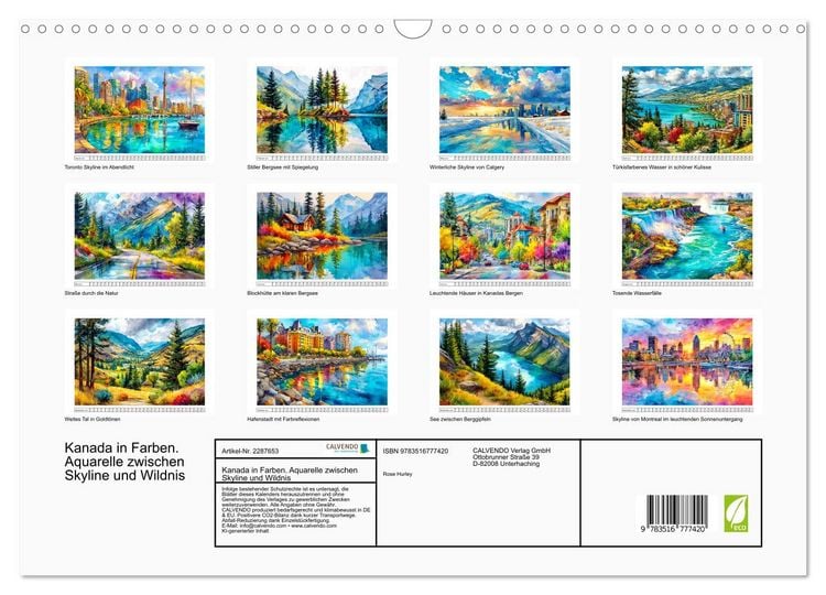 Produktbild: Kanada in Farben. Aquarelle zwischen Skyline und Wildnis (Wandkalender 2027 DIN A3 quer), CALVENDO Monatskalender