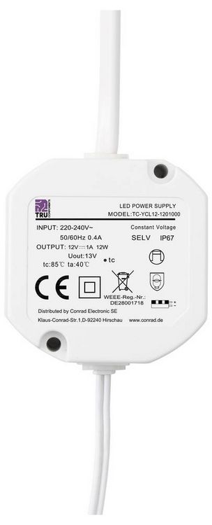 Produktbild: TRU COMPONENTS TC-YCL12-1201000（Round shape) LED-Trafo Konstantspannung 12 W 1.0 A 12 V/DC nicht dimmbar, Montage auf entflammbaren Oberfl&auml;chen 1