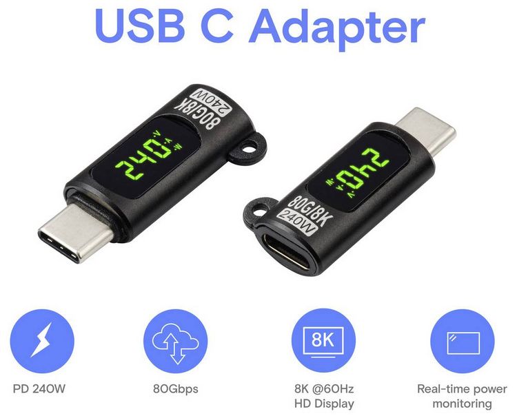 Produktbild: Renkforce USB-C&reg; Adapter [1x USB-C&reg; Stecker - 1x USB-C&reg; Buchse (Power Delivery)] LED-Display Laden (Spannung/Strom/Leistung), 8K UHD