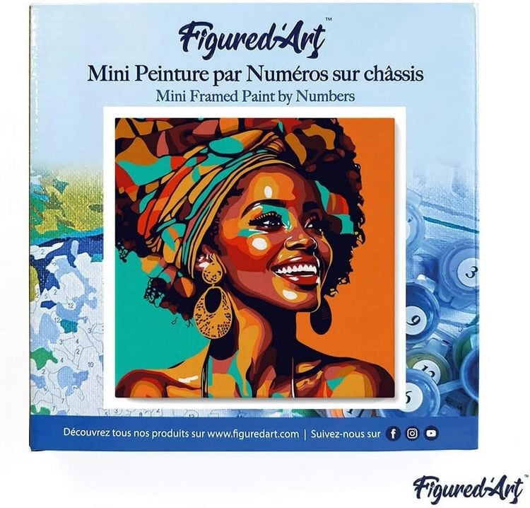 Produktbild: FiguredArt SFA121-Y - Mini Malen nach Zahlen, Afrikanische K&ouml;nigin Pop Art, Leinwand-Keilrahmen 20x20cm, DIY Bastelset, Paint by Numbers