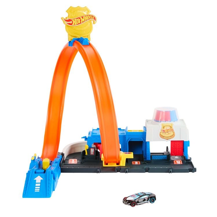 Produktbild: Hot Wheels City Super Polizeiwache-Spielset mit Spielzeug-Polizeiwagen im Maßstab 1:64 und anpassbarer Rennbahn mit Looping.