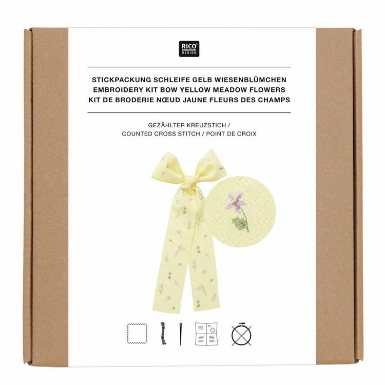 Produktbild: Stickpackung, Gez&auml;hlter Kreuzstich Schleife Wiesenbl&uuml;mchen, Hellgelb, 30 x 54 cm, 100% Leinen