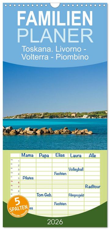 Produktbild: Familienplaner 2026 - Toskana. Livorno - Volterra - Piombino mit 5 Spalten (Wandkalender, 21 x 45 cm) CALVENDO