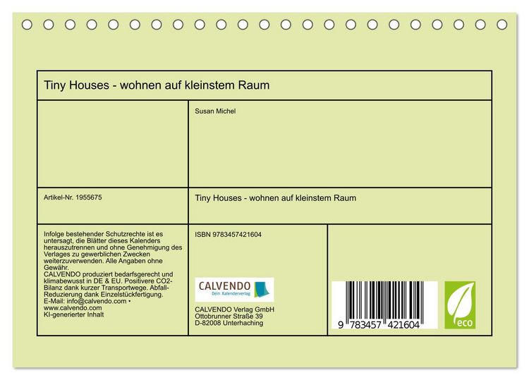 Produktbild: Tiny Houses - wohnen auf kleinstem Raum (Tischkalender 2026 DIN A5 quer), CALVENDO Monatskalender