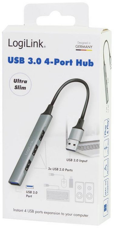 Produktbild: LogiLink UA0391 USB-Hub 4 Port USB-A USB 3.0 5 GBit/s Aluminium-Grau UA0391