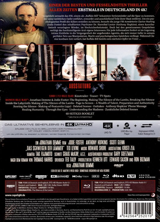 Produktbild: Das Schweigen der L&auml;mmer - Limitiertes Mediabook - Cover A (4K Ultra HD+Blu-ray+Bonus-Blu-ray)