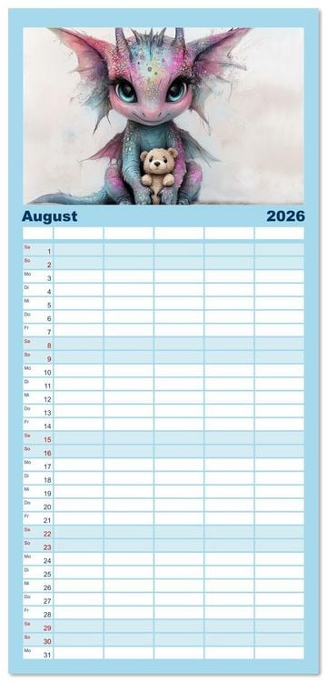 Produktbild: Familienplaner 2026 - Dinozauber &ndash; Wenn Urzeitbewohner zu Freunden werden mit 5 Spalten (Wandkalender, 21 x 45 cm) CALVENDO
