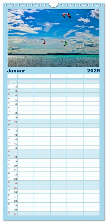 Produktbild: Familienplaner 2026 - Kitesurfen - &uuml;ber den Wellen mit 5 Spalten (Wandkalender, 21 x 45 cm) CALVENDO