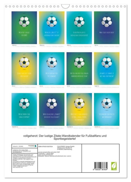 Produktbild: vollgeherzt: Der lustige Zitate-Wandkalender f&uuml;r Fu&szlig;ballfans und Sportbegeisterte! (Wandkalender 2026 DIN A3 hoch), CALVENDO Monatskalender