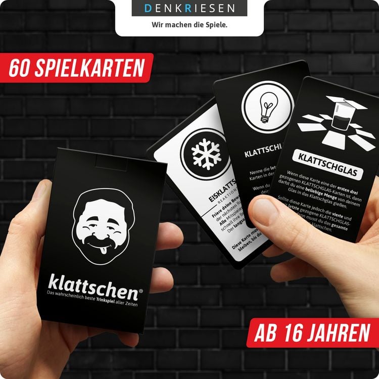 Produktbild: DENKRIESEN - klattschen&reg; - Trinkspiel - SPIELKARTENKARTON "Das wahrscheinlich beste Trinkspiel aller Zeiten"