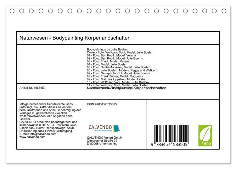 Produktbild: Naturwesen - Bodypainting K&ouml;rperlandschaften (Tischkalender 2026 DIN A5 quer), CALVENDO Monatskalender