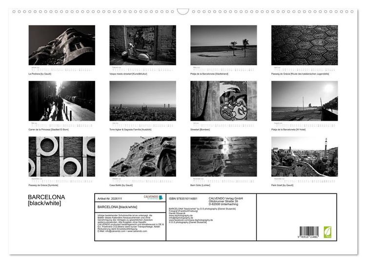 Produktbild: BARCELONA [black/white] (Wandkalender 2026 DIN A2 quer), CALVENDO Monatskalender