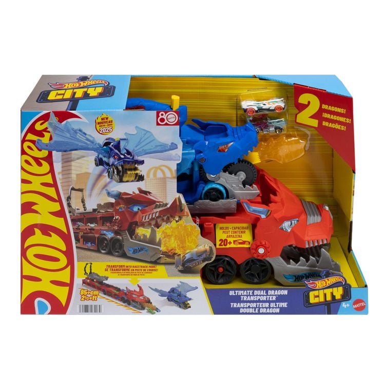 Produktbild: Hot Wheels City Hot Wheels ultimativer 2-in-1 Drachentransporter und 2 Spielzeugautos im Maßstab 1:64